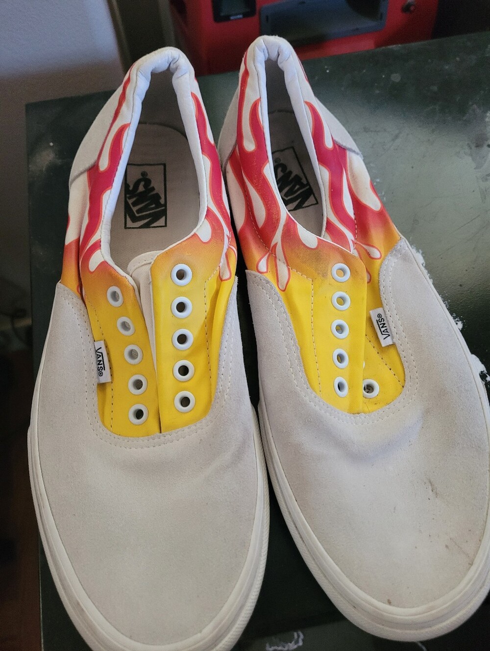 Size 12 Vans White Canvas Slip-Ons with Red & Yellow Flame Accent